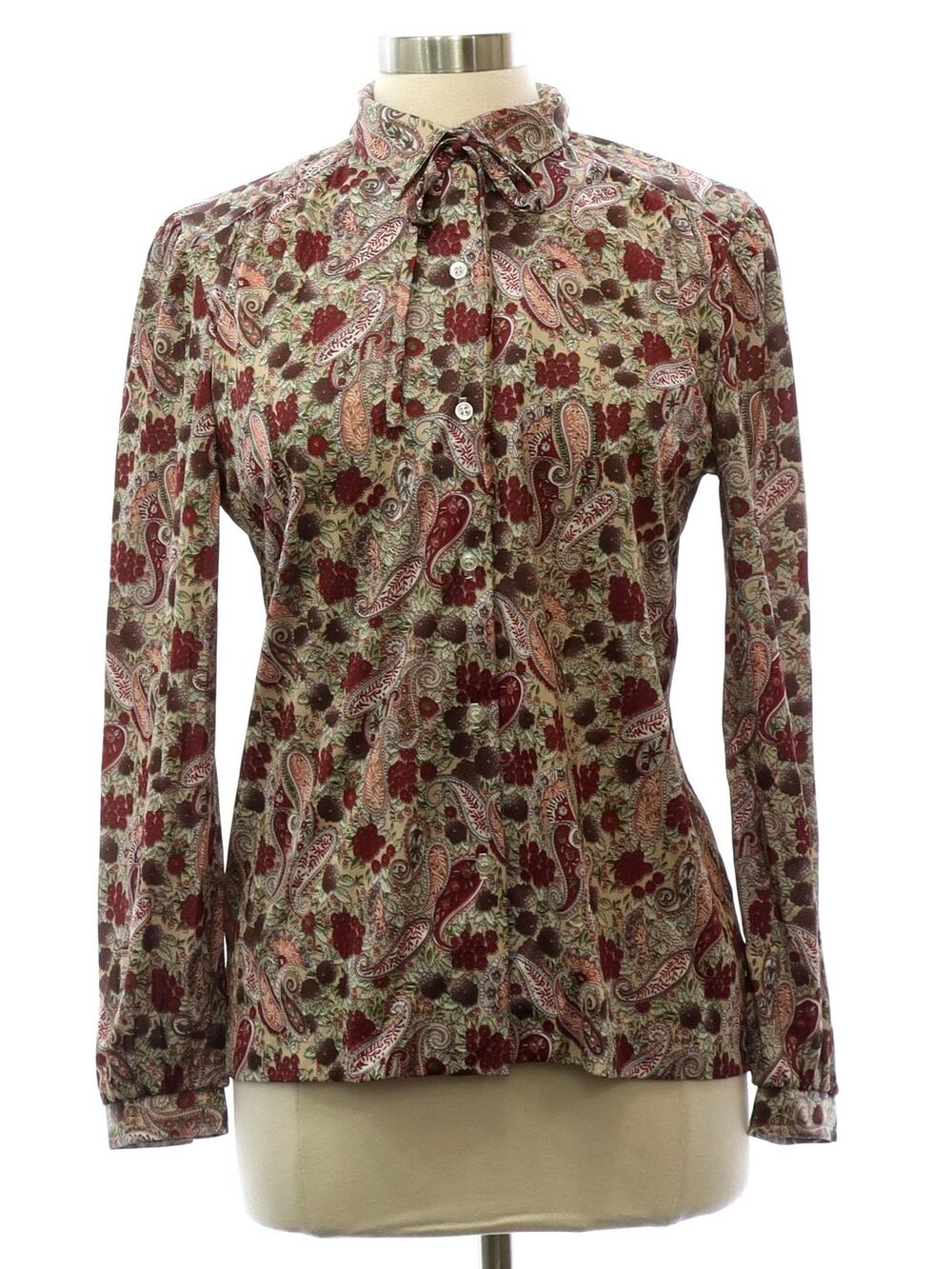 Vintage 70s Fire Islander Wine Pink Paisley Bow Neck Blouse Women's Medium